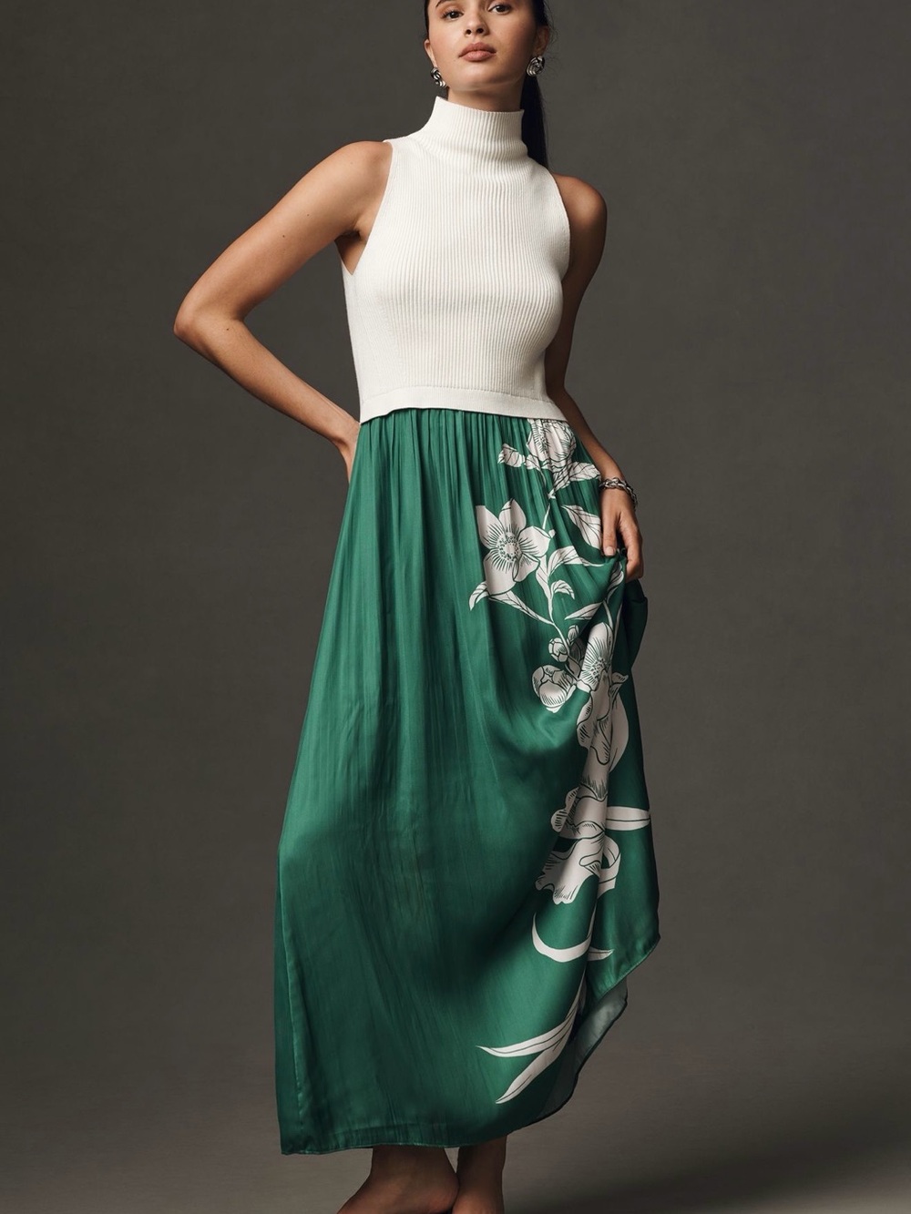 Anthropologie Emerald Green Maxi Skirt with White Floral Print